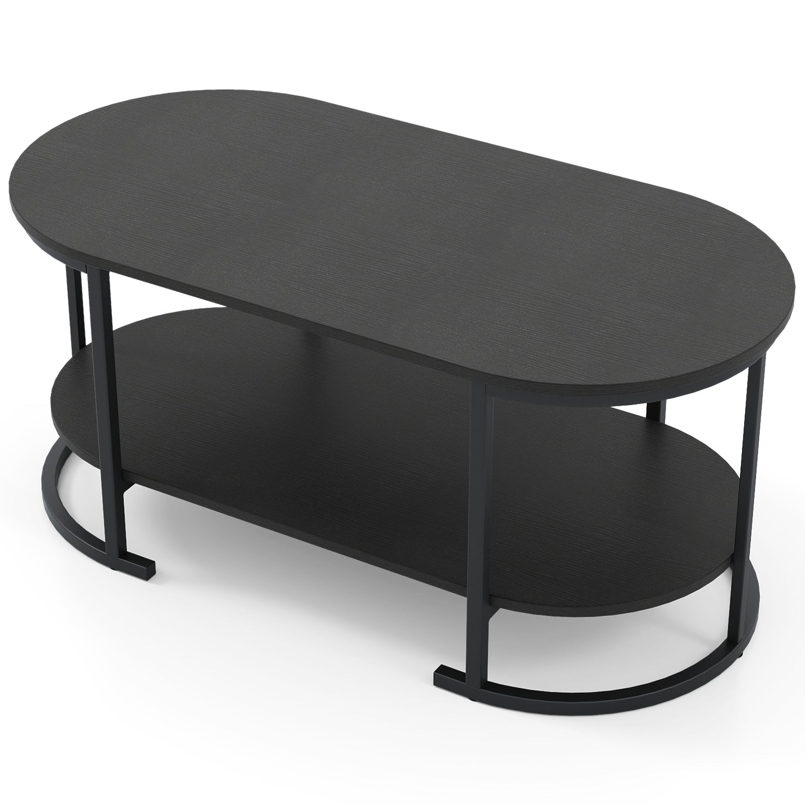 Oval Coffee Table 2-Tier Wooden Accent Table with Spacious Tabletop and Open Storage Shelf