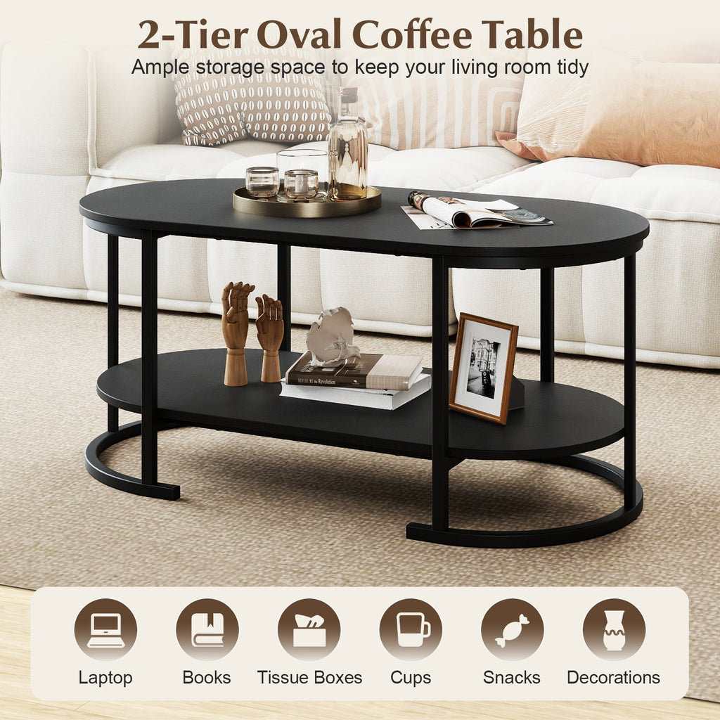 Oval Coffee Table 2-Tier Wooden Accent Table with Spacious Tabletop and Open Storage Shelf