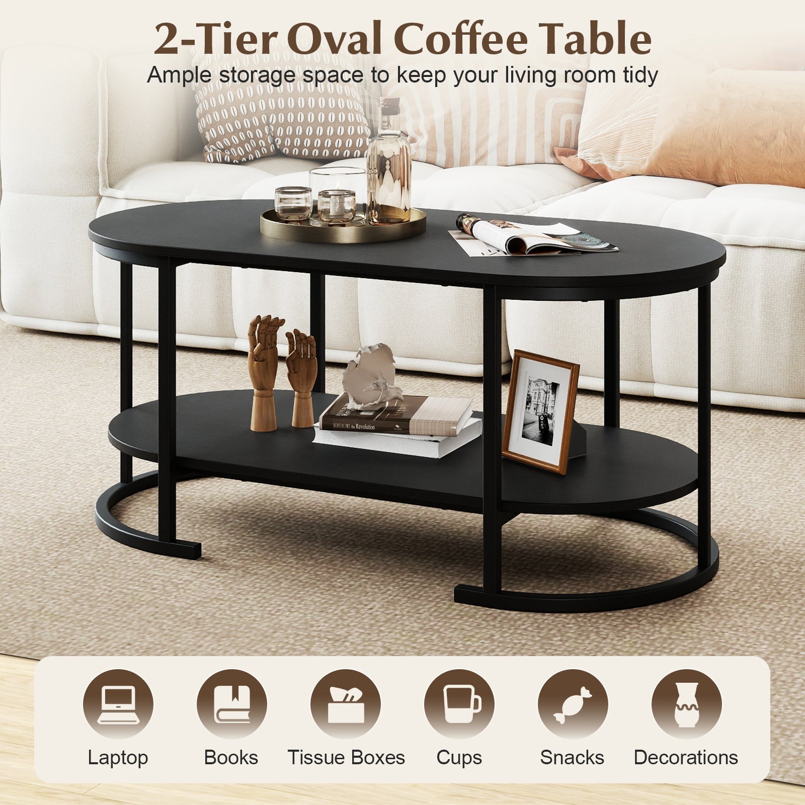Oval Coffee Table 2-Tier Wooden Accent Table with Spacious Tabletop and Open Storage Shelf
