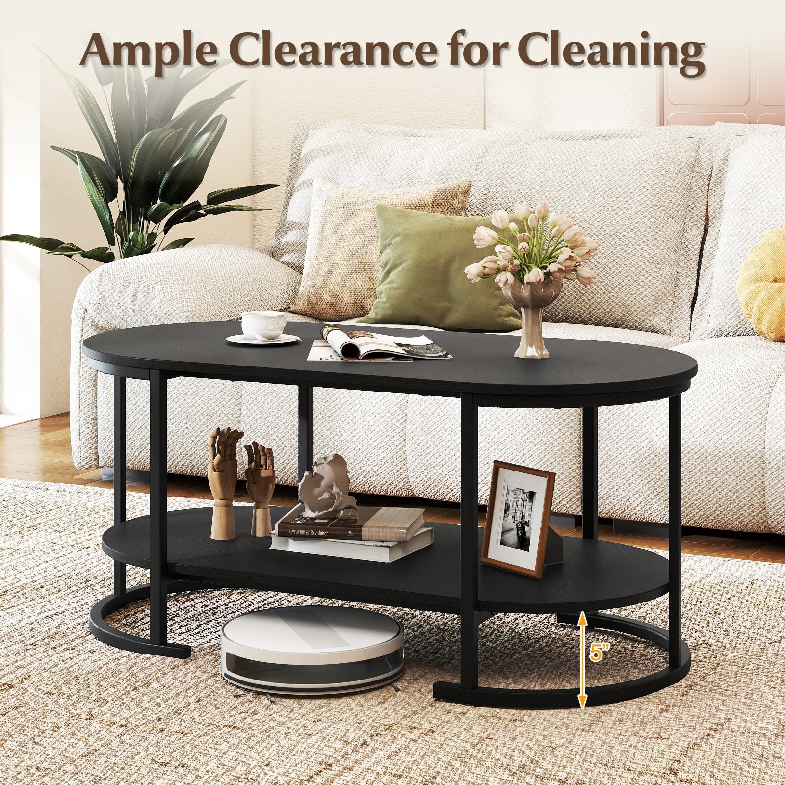 Oval Coffee Table 2-Tier Wooden Accent Table with Spacious Tabletop and Open Storage Shelf