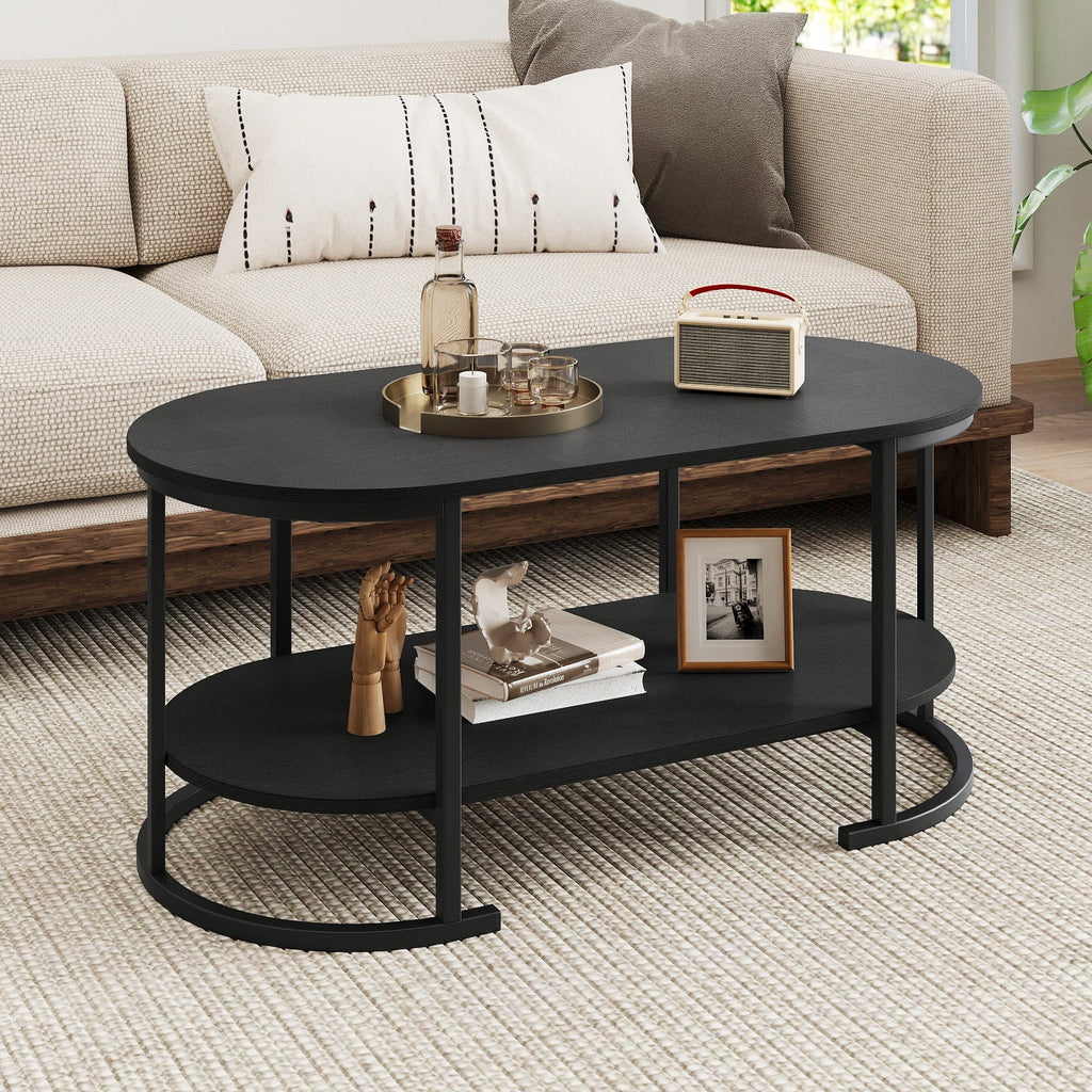 Oval Coffee Table 2-Tier Wooden Accent Table with Spacious Tabletop and Open Storage Shelf