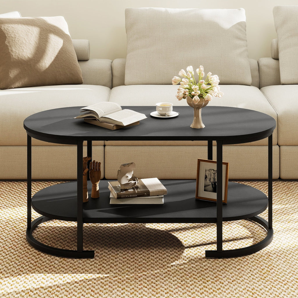 Oval Coffee Table 2-Tier Wooden Accent Table with Spacious Tabletop and Open Storage Shelf