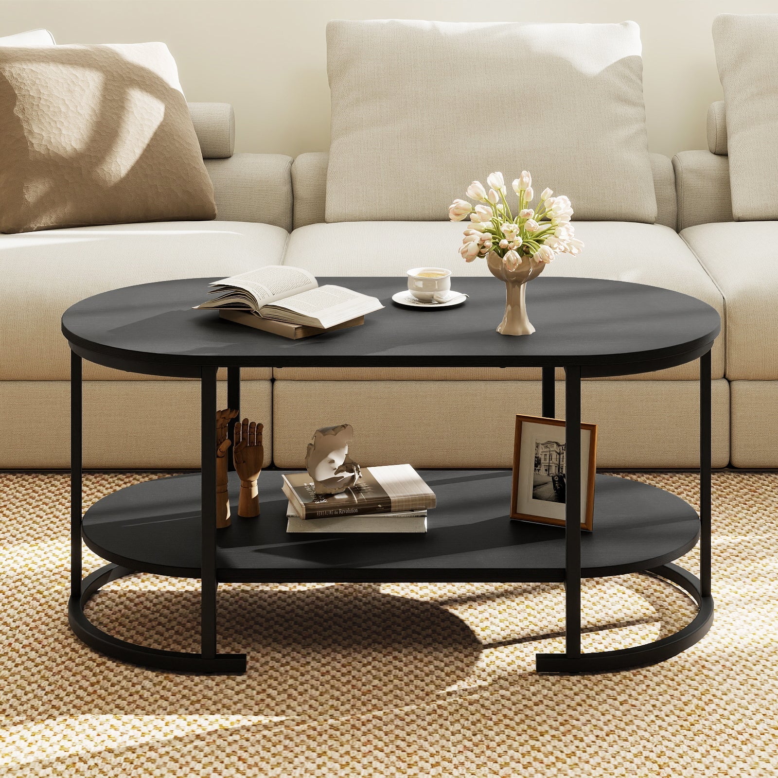 Oval Coffee Table 2-Tier Wooden Accent Table with Spacious Tabletop and Open Storage Shelf