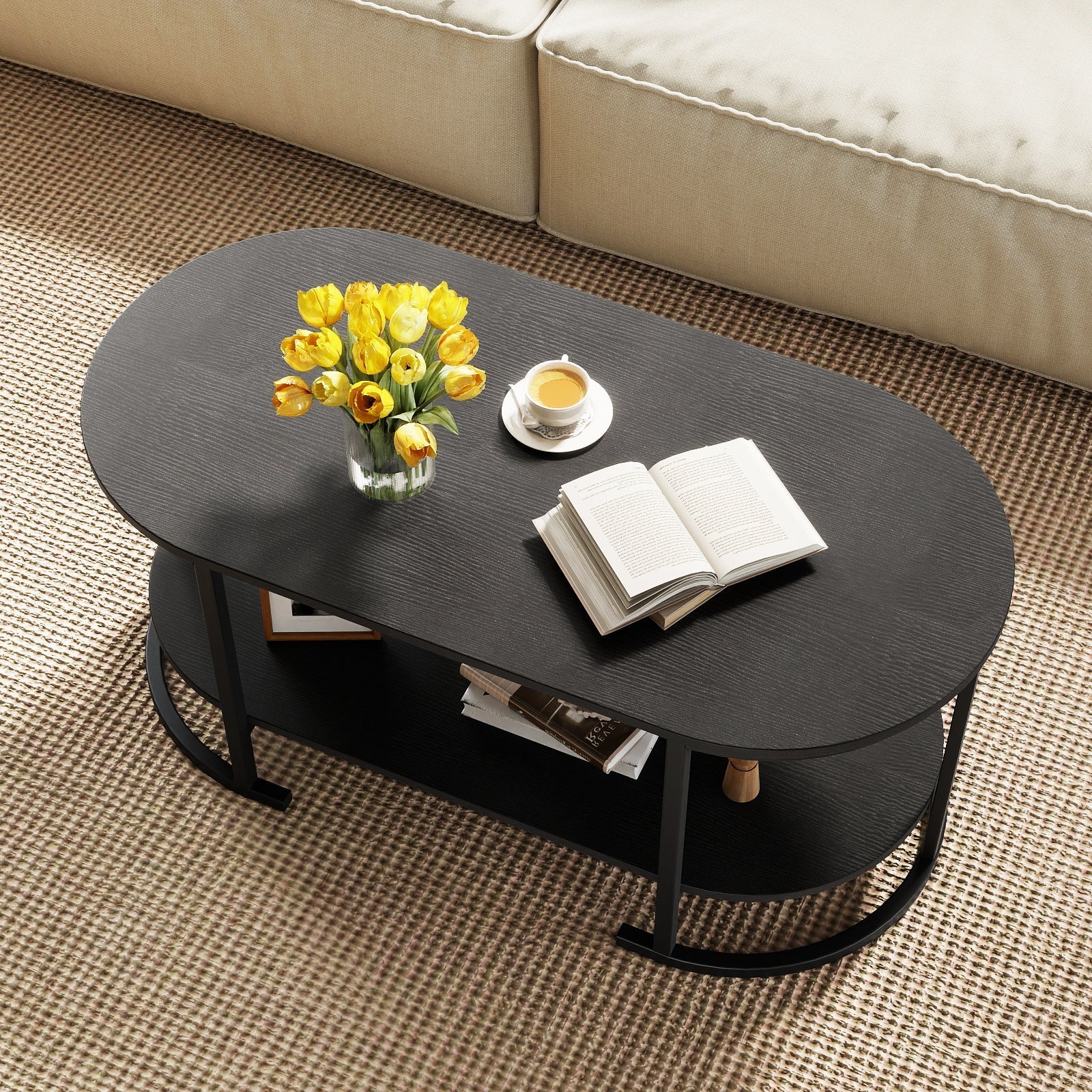 Oval Coffee Table 2-Tier Wooden Accent Table with Spacious Tabletop and Open Storage Shelf