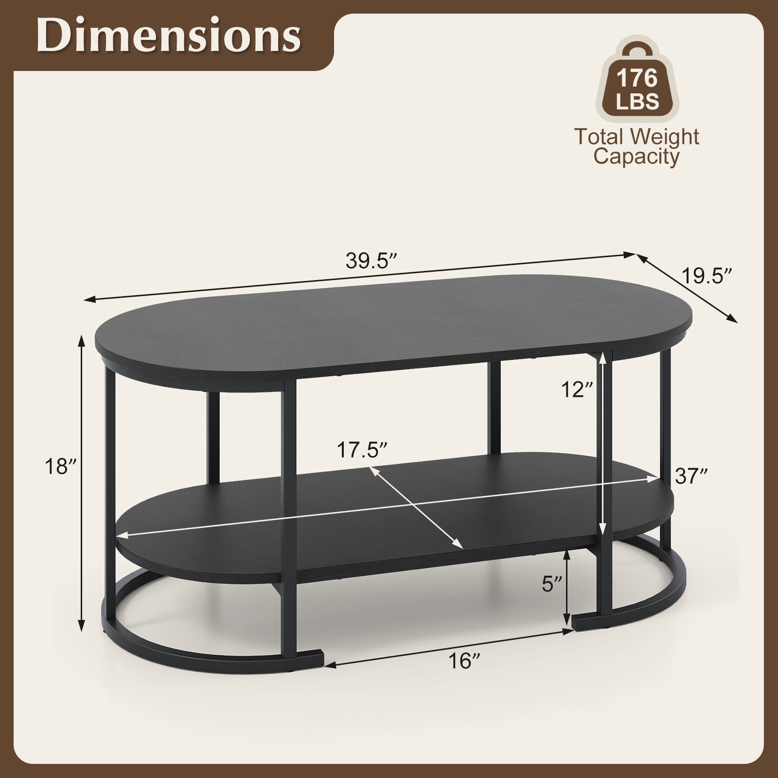 Oval Coffee Table 2-Tier Wooden Accent Table with Spacious Tabletop and Open Storage Shelf