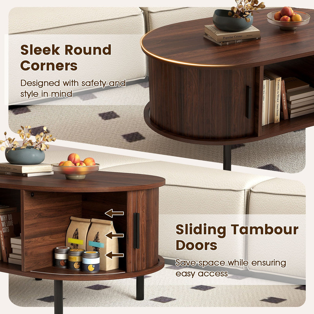 Oval Coffee Table with Open Compartment and Sector Shelves-Walnut