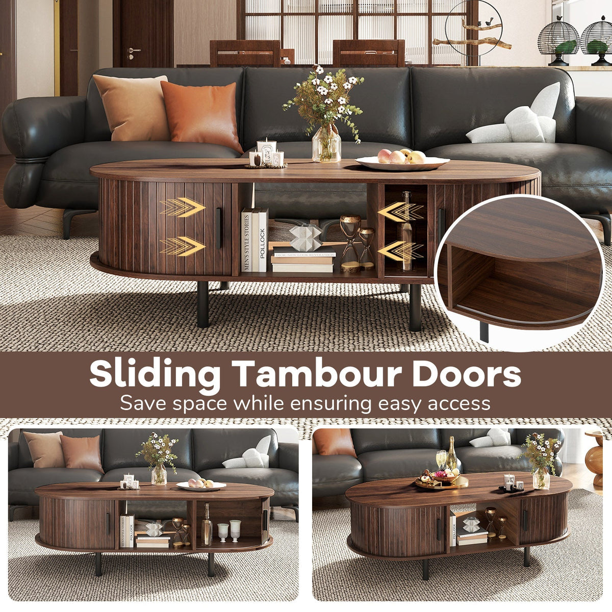 48" Mid Century Center Table with Sliding Fluted Doors and Open Compartment-Walnut