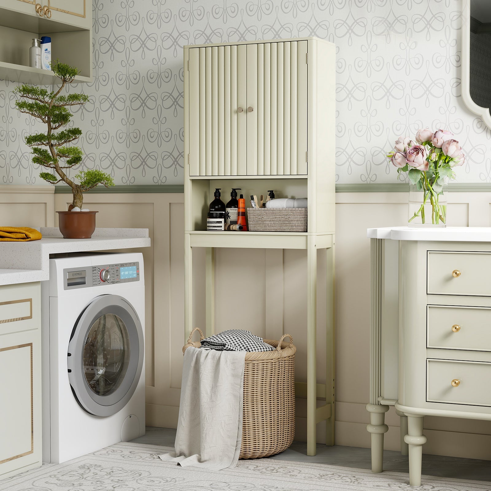 Over The Toilet Storage Cabinet with Fluted Doors