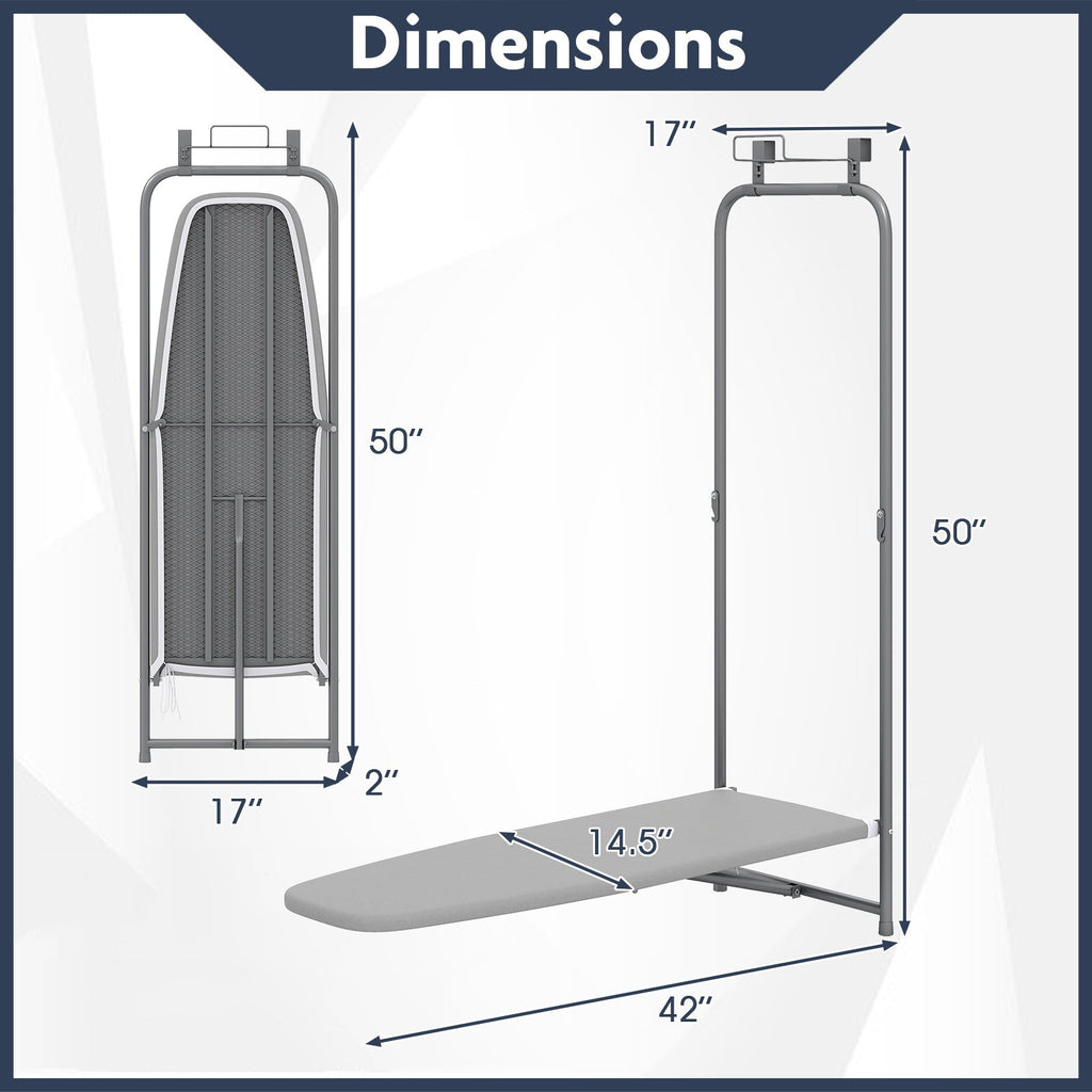 Over the Door Ironing Board Space-Saving Metal Hanging Ironing Board-Gray