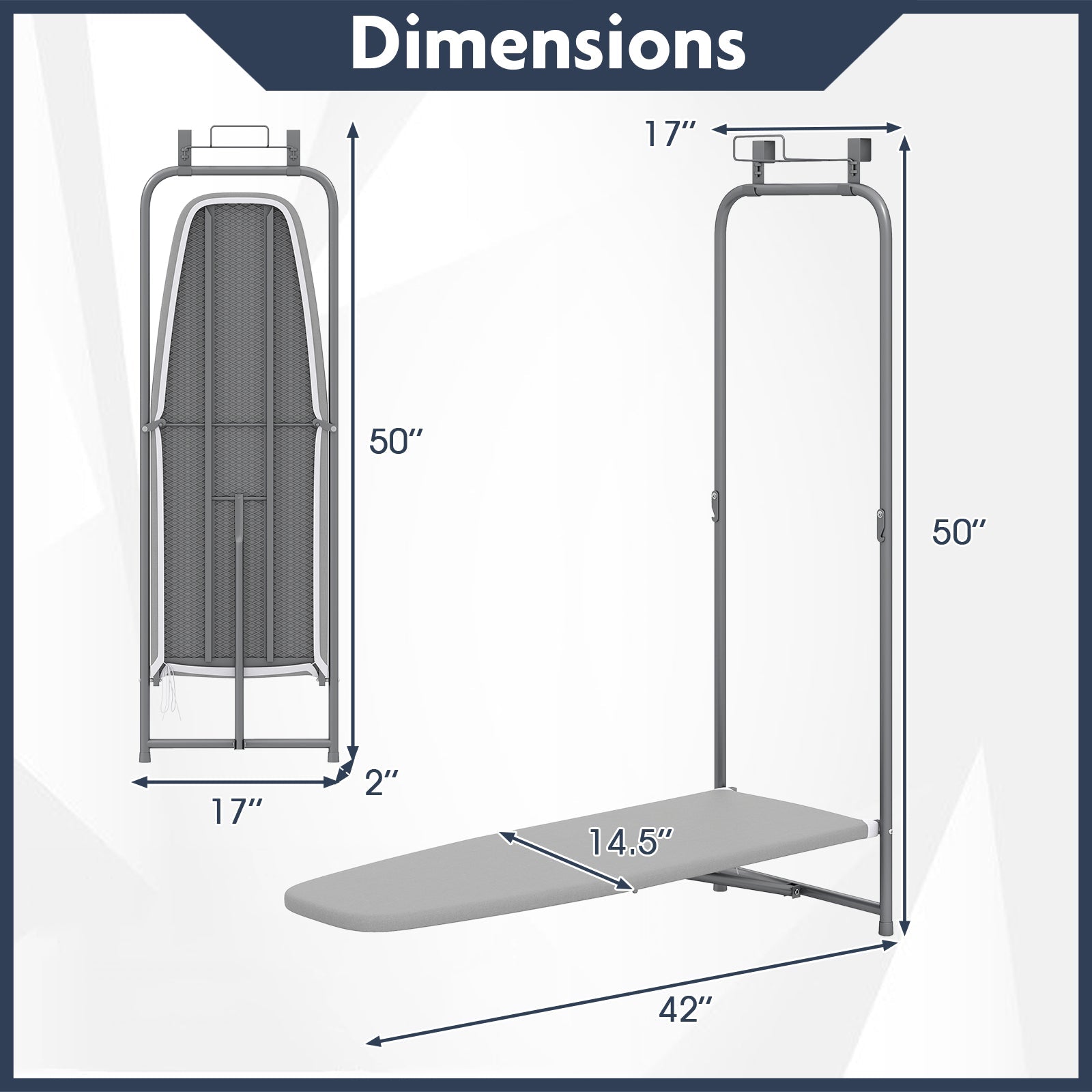 Over the Door Ironing Board Space-Saving Metal Hanging Ironing Board-Gray