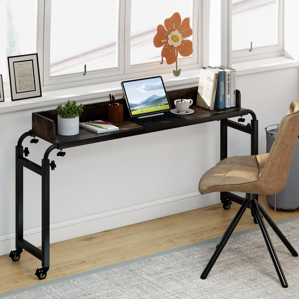 Overbed Desk with Wheels Queen Size Mobile Bed Desk with Adjustable Height-Brown