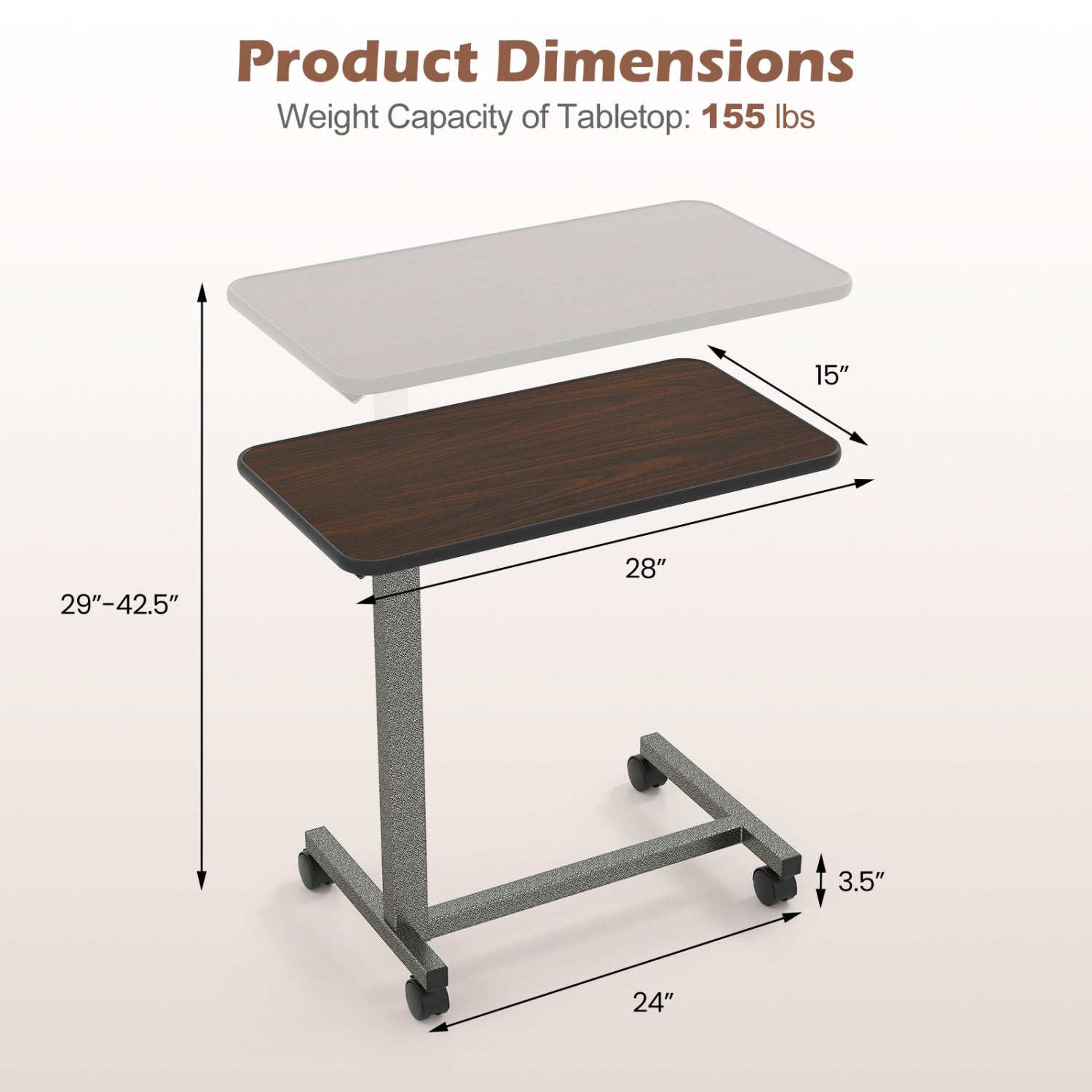Overbed Table with Lockable Wheels and Adjustable Height