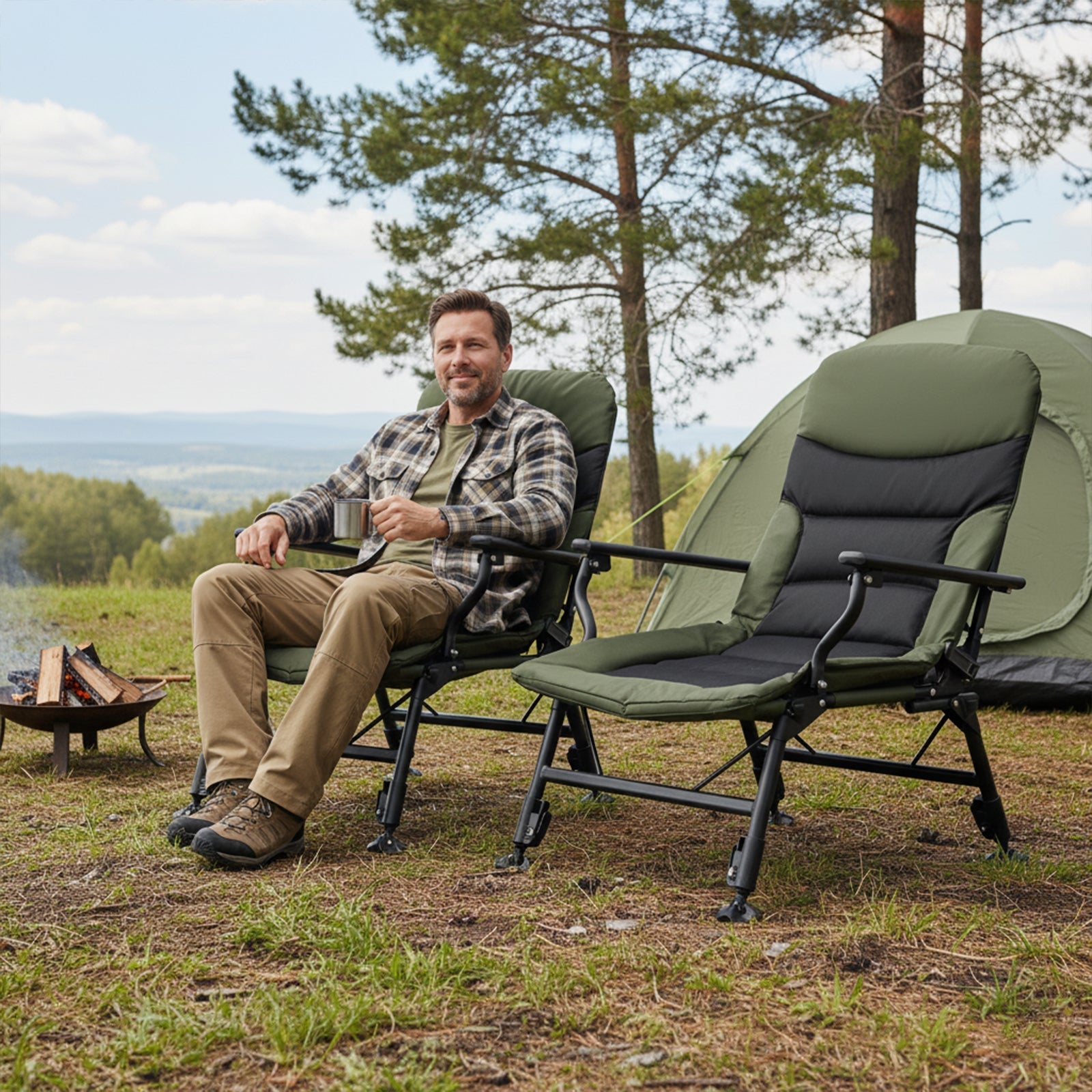 Oversized Foldable Fishing Chair for Adults with Armrest-Green