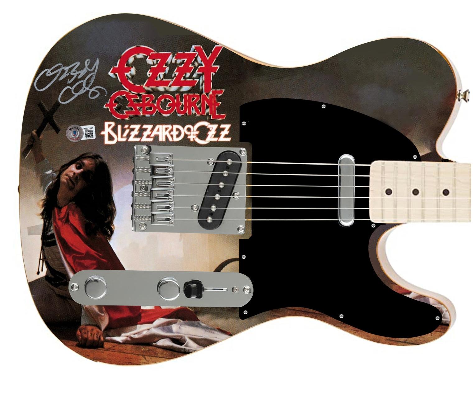 Ozzy Osbourne Autographed Fender Blizzard Of Ozz Graphics Photo Guitar BAS Witness