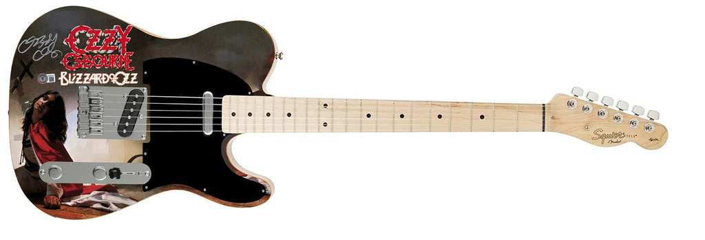 Ozzy Osbourne Autographed Fender Blizzard Of Ozz Graphics Photo Guitar BAS Witness