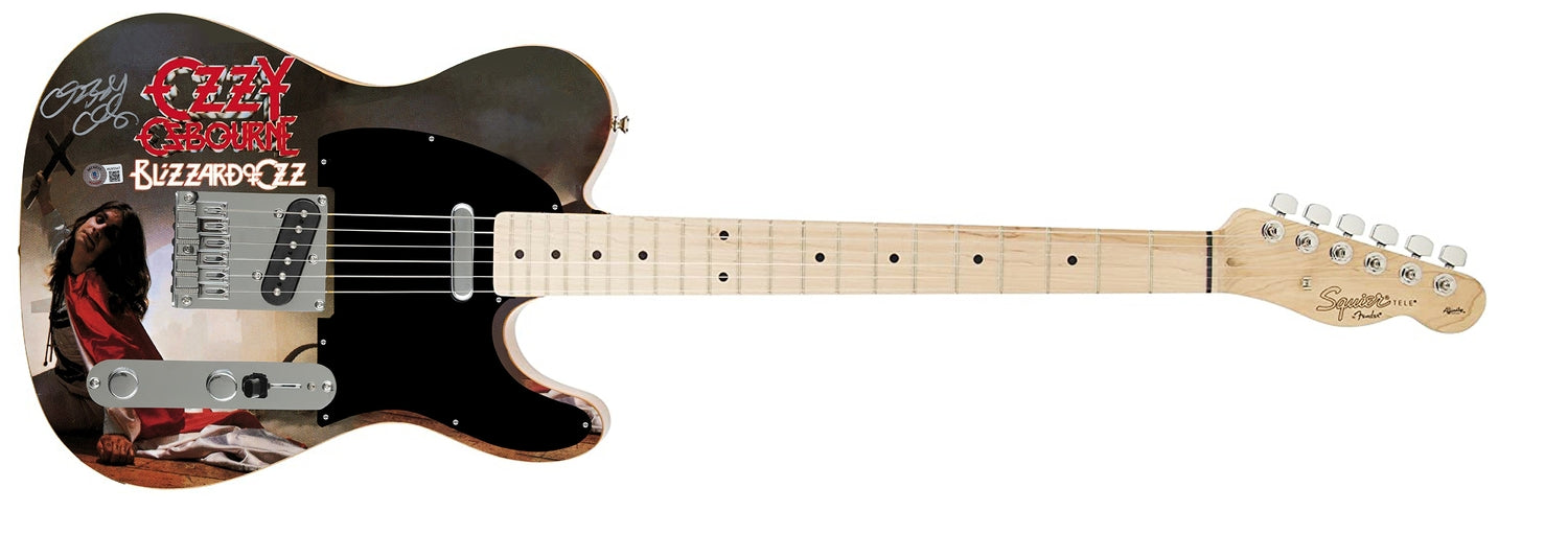 Ozzy Osbourne Autographed Fender Blizzard Of Ozz Graphics Photo Guitar BAS Witness