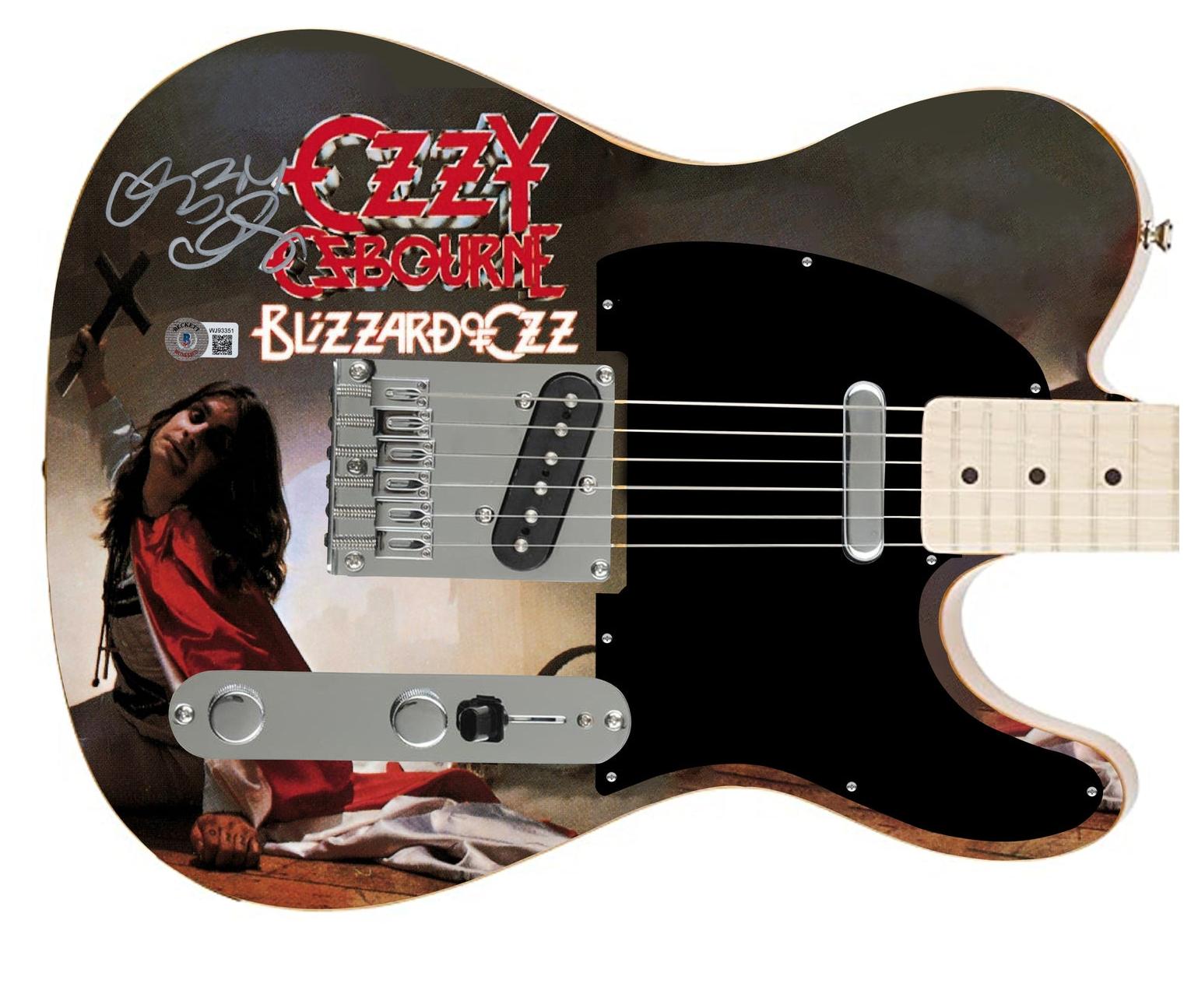 Ozzy Osbourne Autographed Fender Blizzard Of Ozz Graphics Photo Guitar BAS Witness
