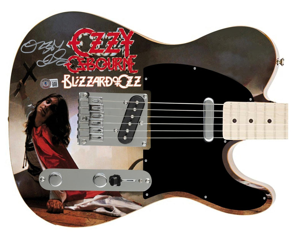 Ozzy Osbourne Autographed Fender Blizzard Of Ozz Graphics Photo Guitar BAS Witness