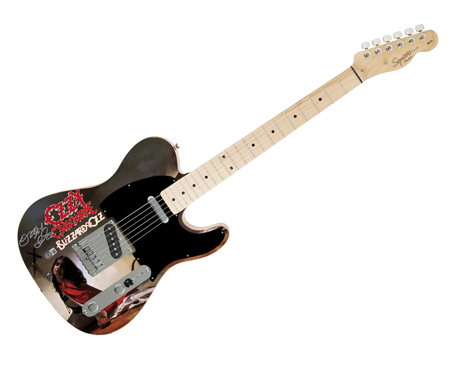 Ozzy Osbourne Autographed Fender Blizzard Of Ozz Graphics Photo Guitar BAS Witness