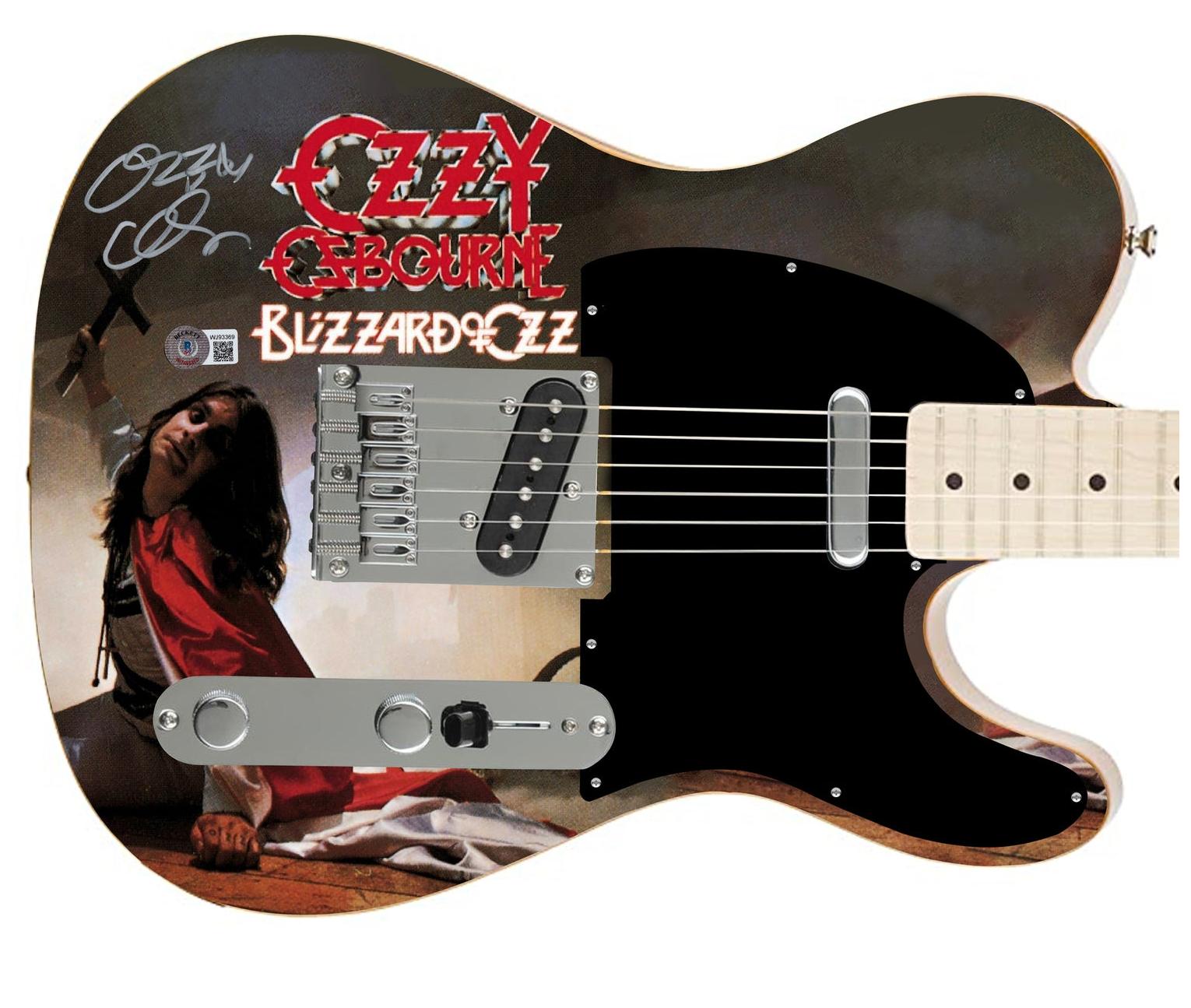 Ozzy Osbourne Autographed Fender Blizzard Of Ozz Graphics Photo Guitar BAS Witness