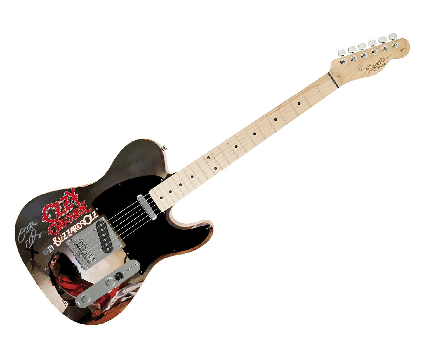 Ozzy Osbourne Autographed Fender Blizzard Of Ozz Graphics Photo Guitar BAS Witness