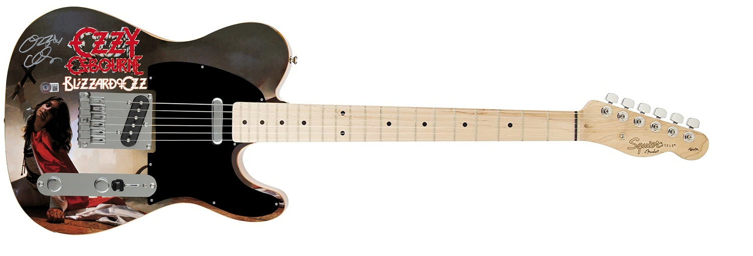 Ozzy Osbourne Autographed Fender Blizzard Of Ozz Graphics Photo Guitar BAS Witness