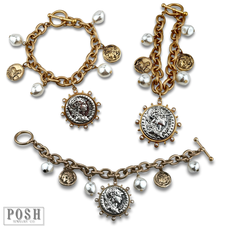 Coin and pearl bead charm bracelet