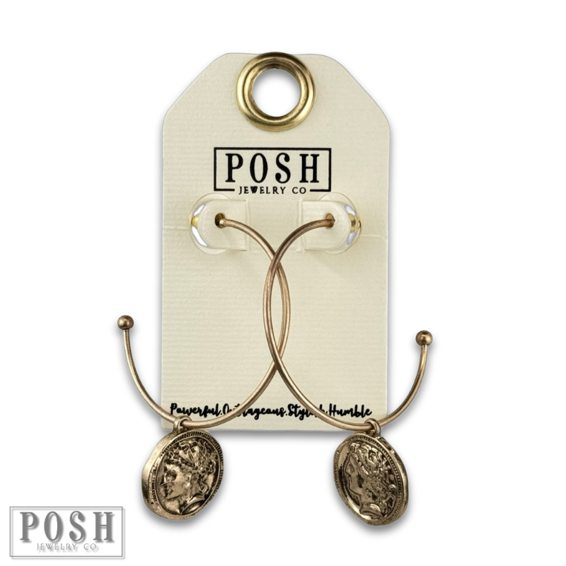 Gold coin charm hoop earring
