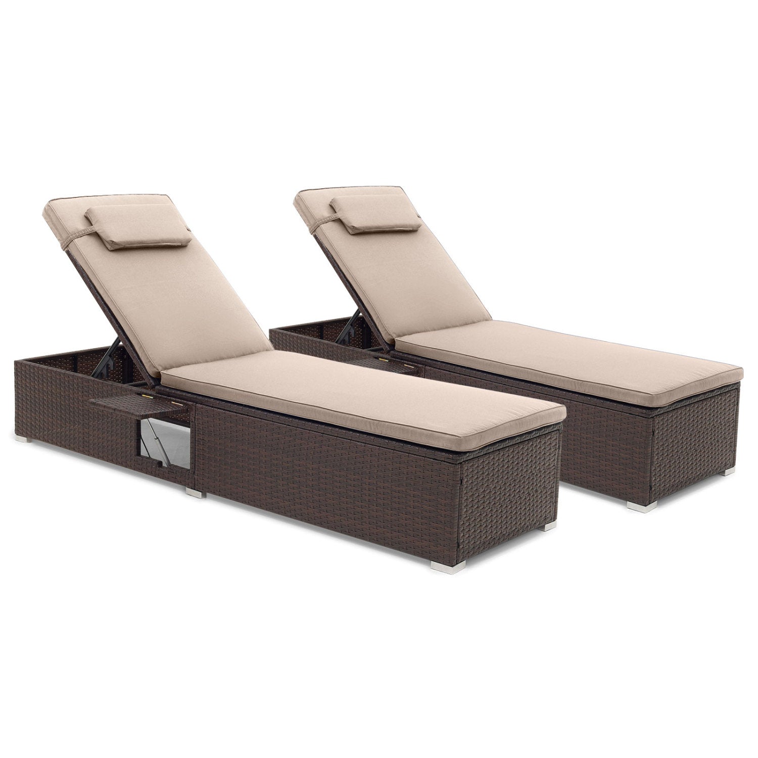 PE Rattan Chaise Lounge Set of 2 with 6-Position Adjustable Backrest and Foldable Side Table