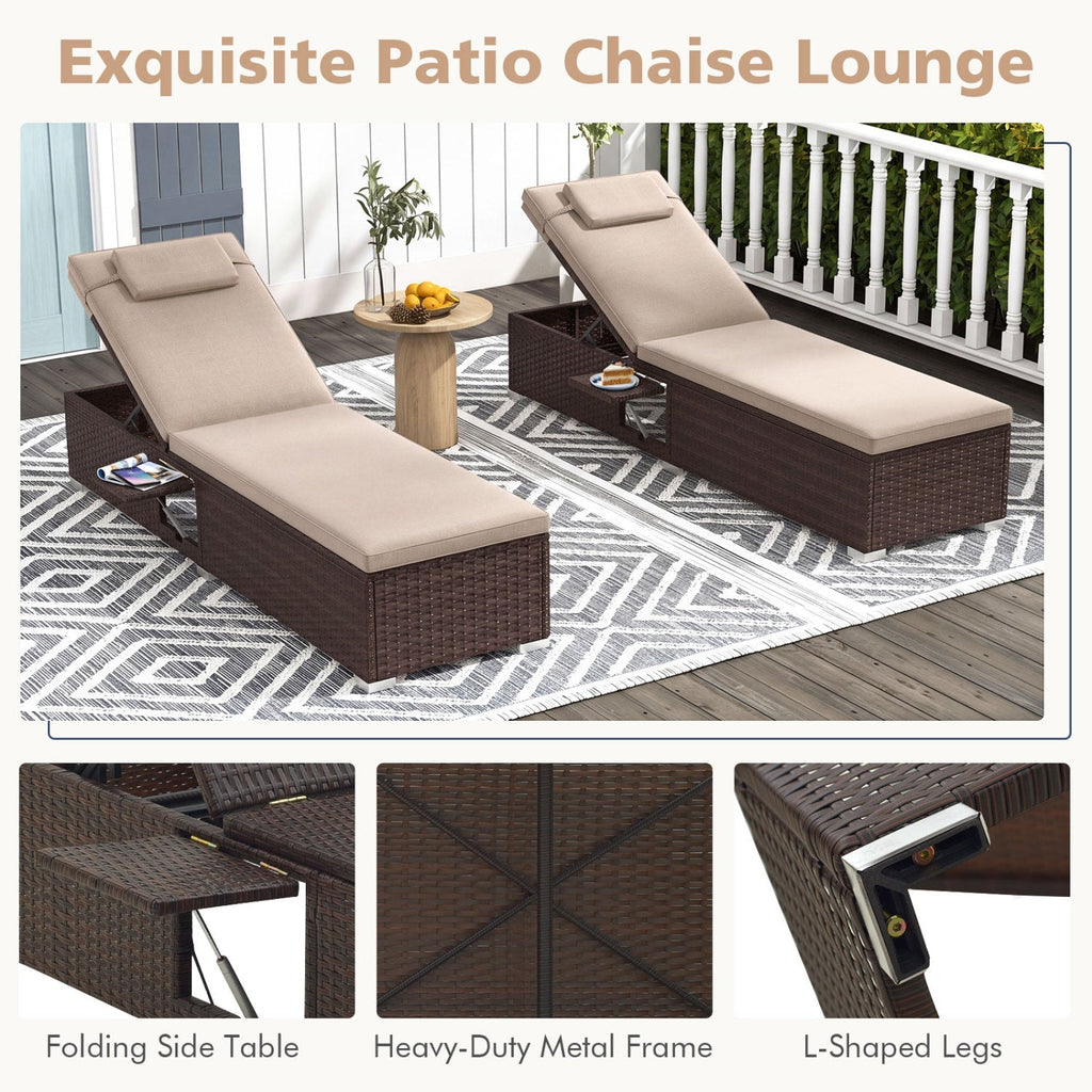 PE Rattan Chaise Lounge Set of 2 with 6-Position Adjustable Backrest and Foldable Side Table
