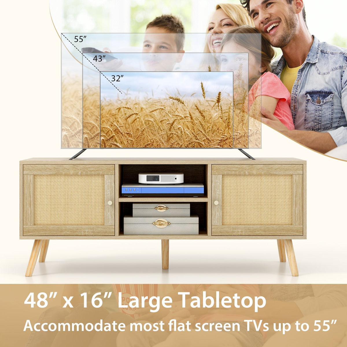 PE Rattan Media Console Table with 2 Cabinets and Open Shelves