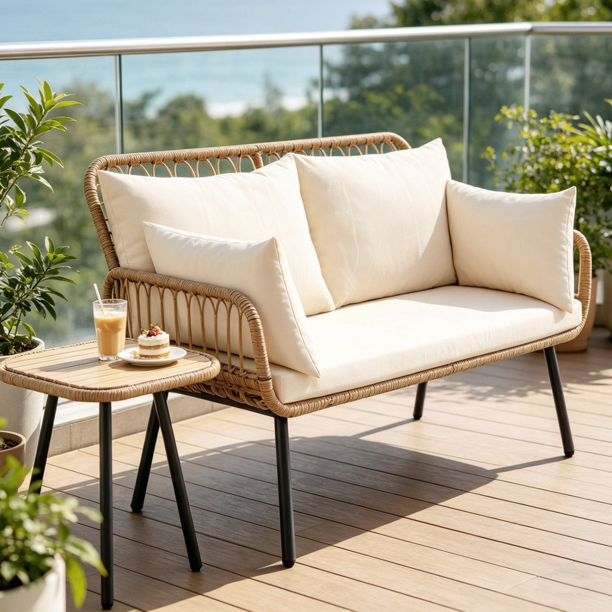 Outdoor Loveseat 2-Seater Wicker Sofa with Cushions - Beige