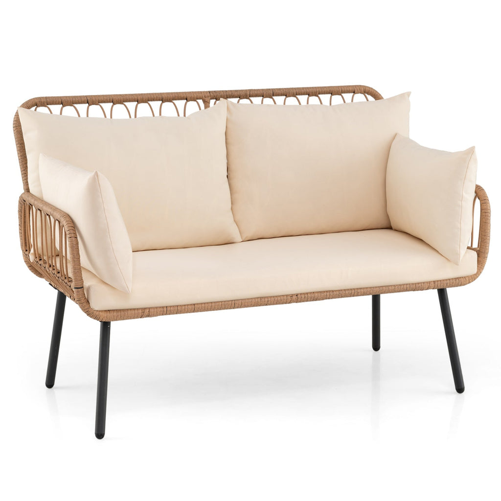 Outdoor Loveseat 2-Seater Wicker Sofa with Cushions - Beige