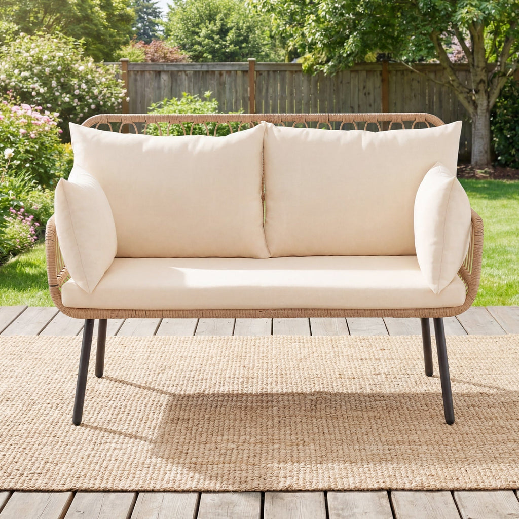 Outdoor Loveseat 2-Seater Wicker Sofa with Cushions - Beige