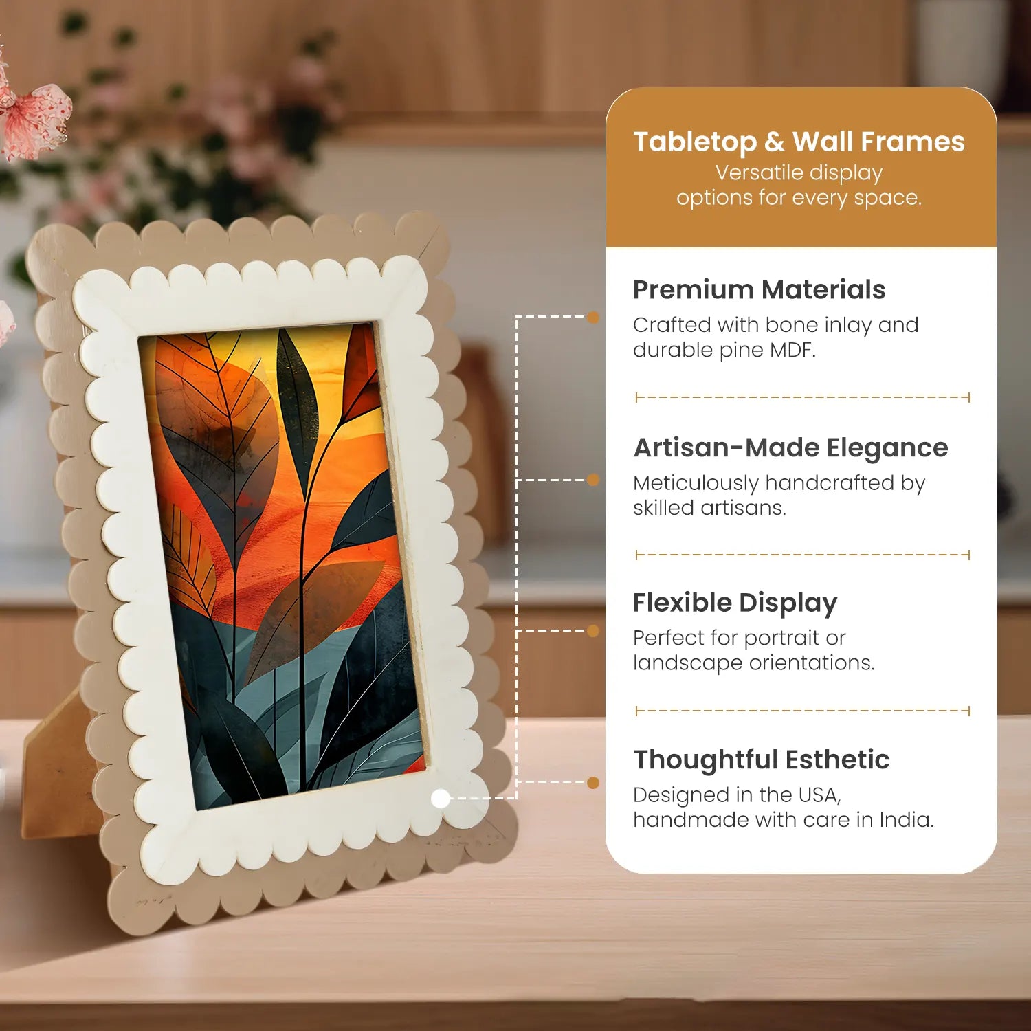 Picture Frame Petal Scallop Collection Bone Inlay White & Brown – 4x6 & 5x7"