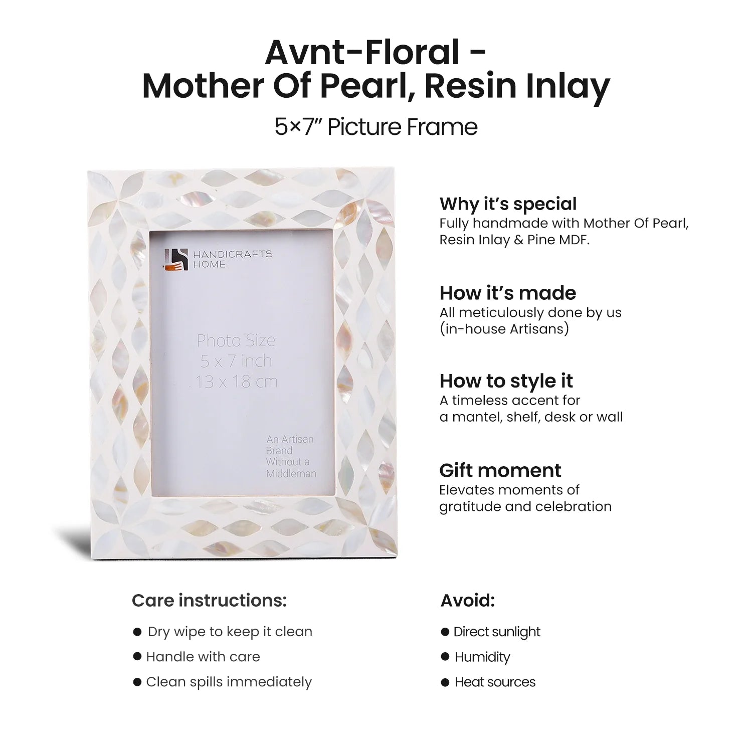 Picture Frames Avant Floral Collection Mother of Pearl Resin Inlay White 5x7"