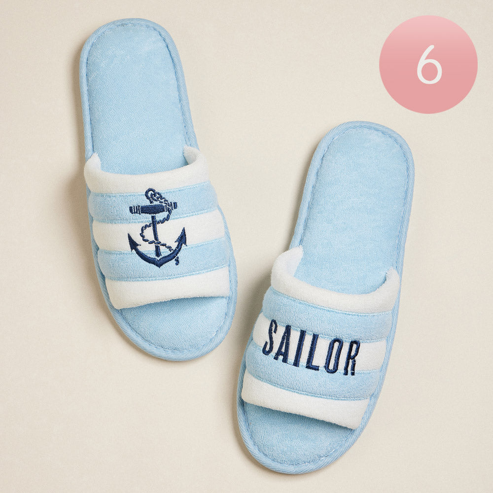 6Pairs - Anchor Sailor Message Embroidered Striped Pool Side Slippers / Home Indoor Floor Slippers