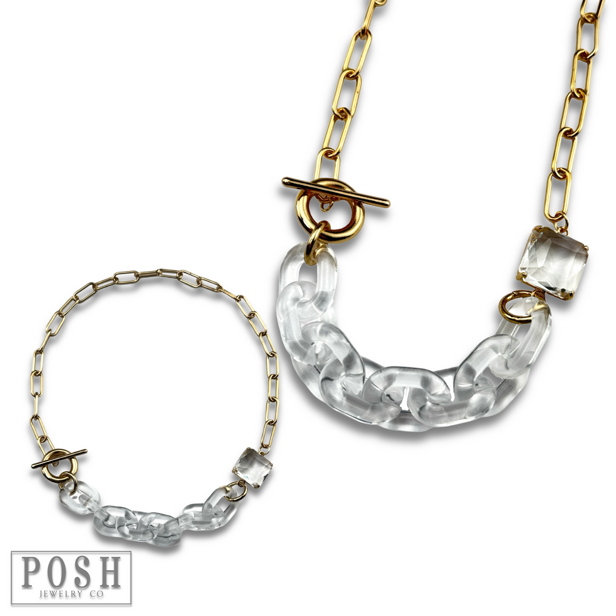 Gold and clear chain toggle necklace, last call