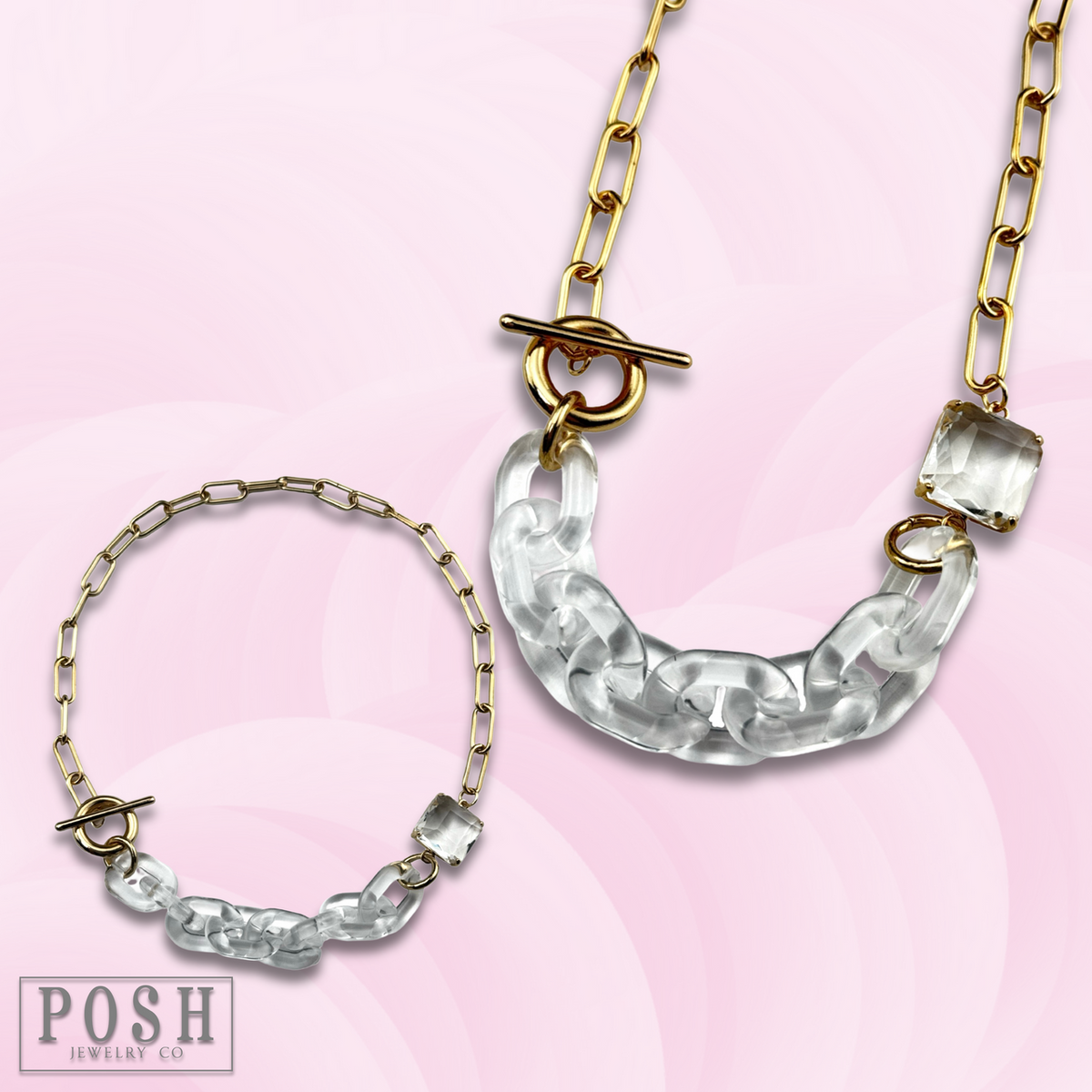 Gold and clear chain toggle necklace, last call
