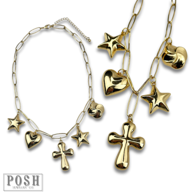 Puffed multi-charm chain necklace