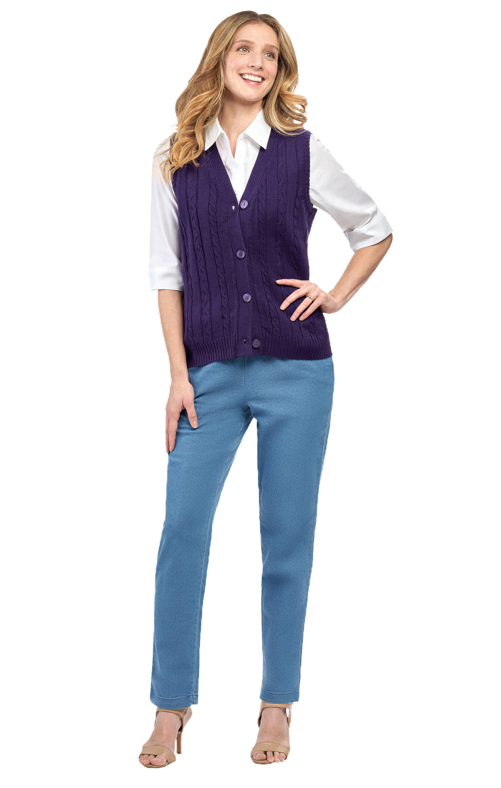 Women's Cable Knit Cardigan Sweater Vest — Button Front