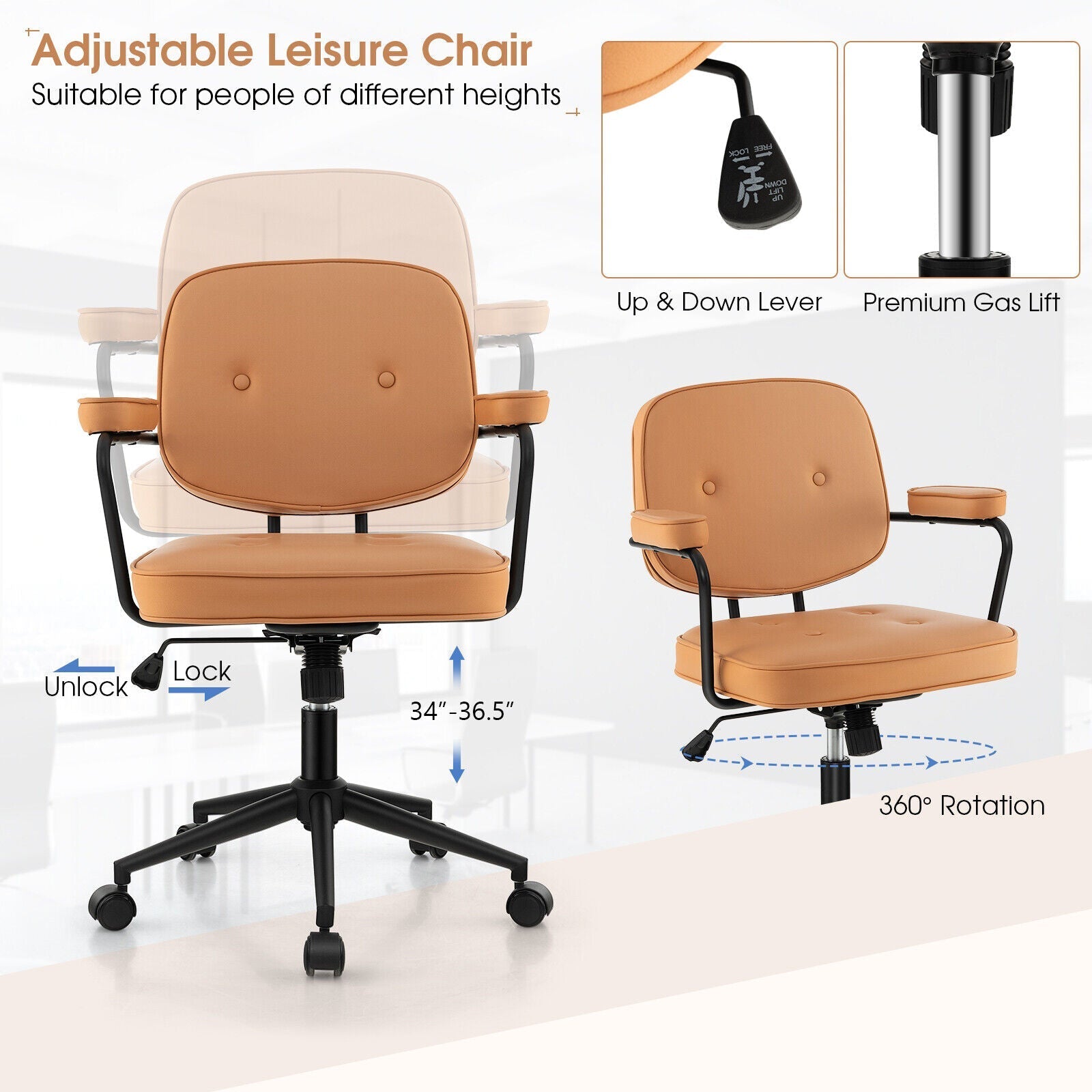 PU Leather Office Chair with Rocking Backrest and Ergonomic Armrest-Orange