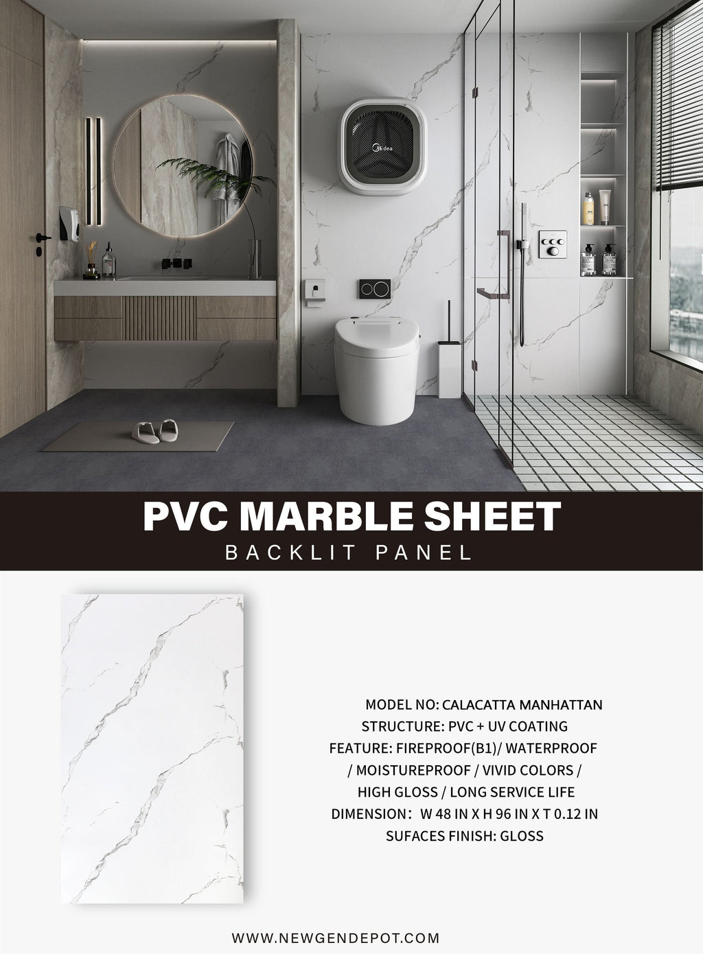 Calacatta Manhattan PVC Marble Sheets Wall Panel - Waterproof 4x8 ft (32 sq. ft)