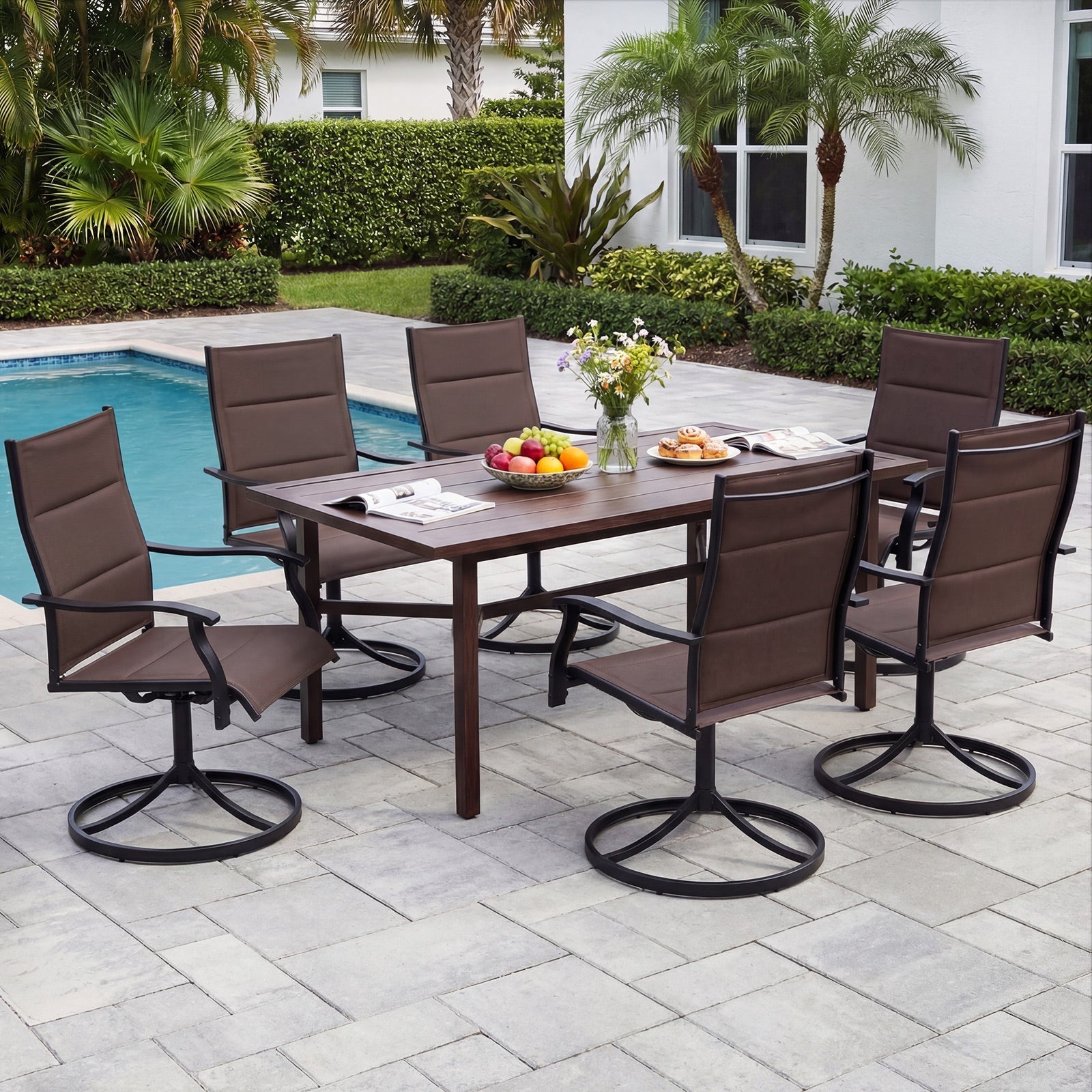 Padded Patio Swivel Chairs Set of 2 Ergonomic Outdoor Dining Chairs with Breathable Fabric