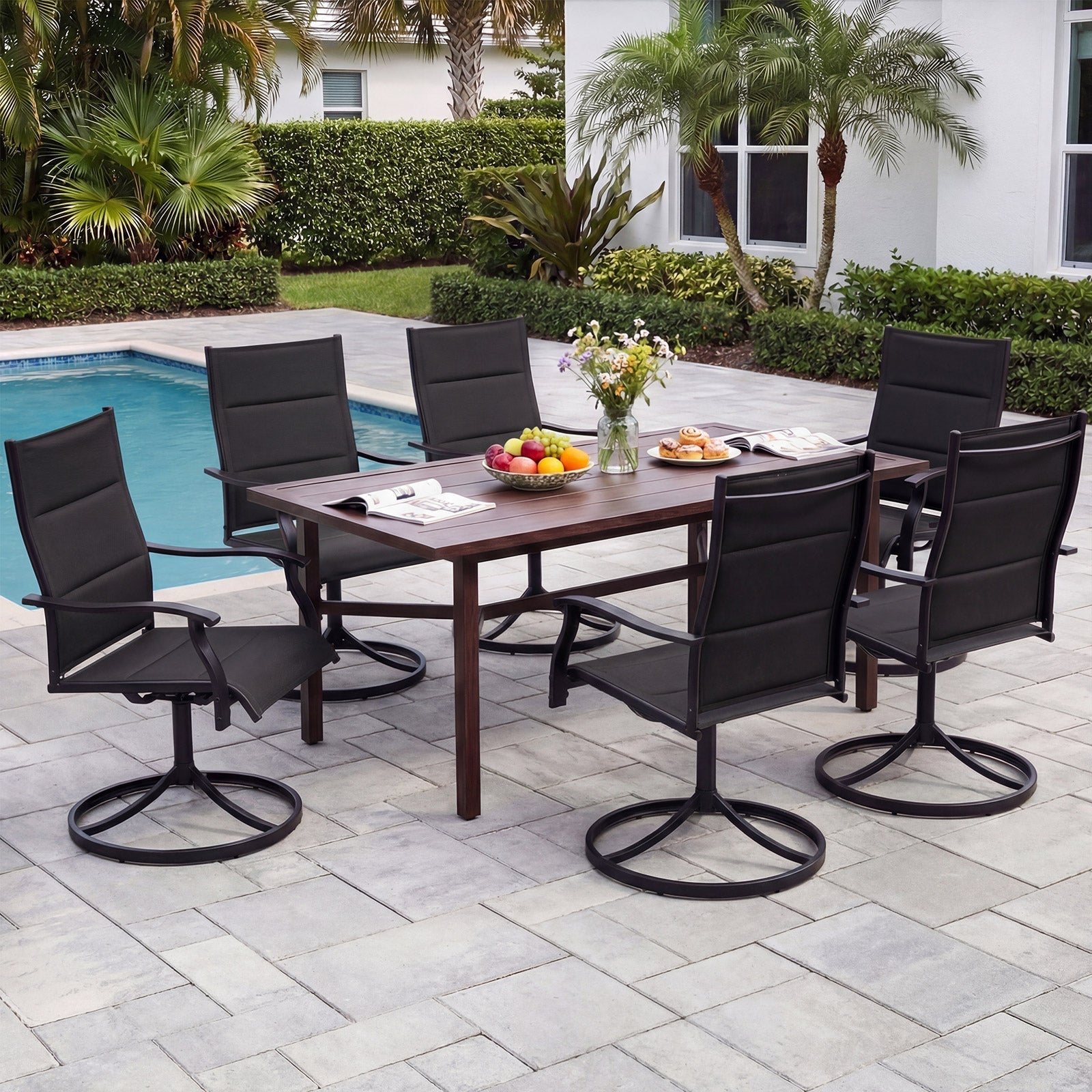 Padded Patio Swivel Chairs Set of 2 Ergonomic Outdoor Dining Chairs with Breathable Fabric