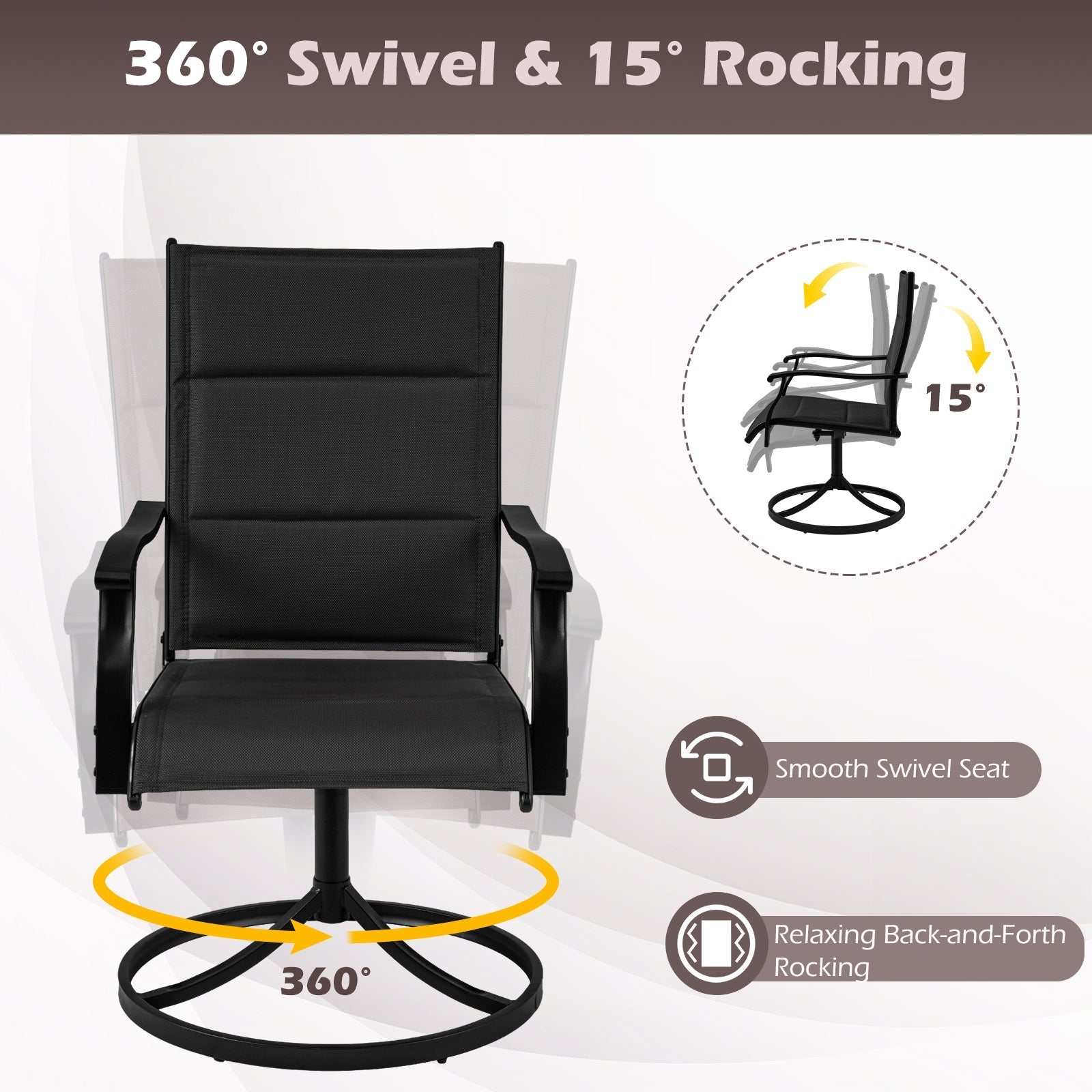 Padded Patio Swivel Chairs Set of 2 Ergonomic Outdoor Dining Chairs with Breathable Fabric