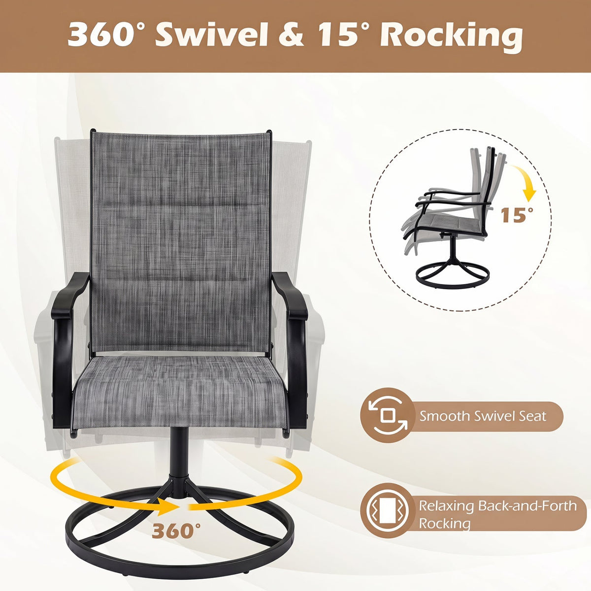 Swivel Patio Dining Chairs Set of 2 with Padded Seats
