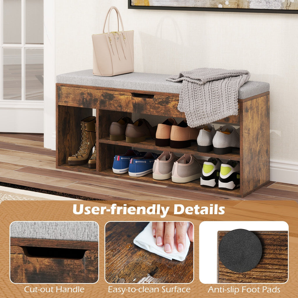 Padded Seat Shoe Bench with Hidden Storage and 3 Open Shelves