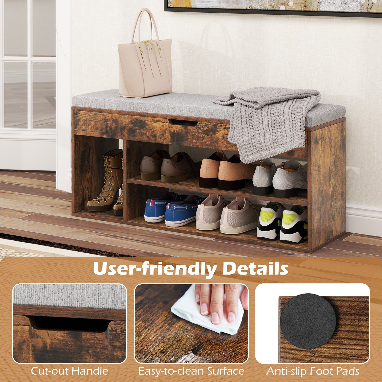 Padded Seat Shoe Bench with Hidden Storage and 3 Open Shelves