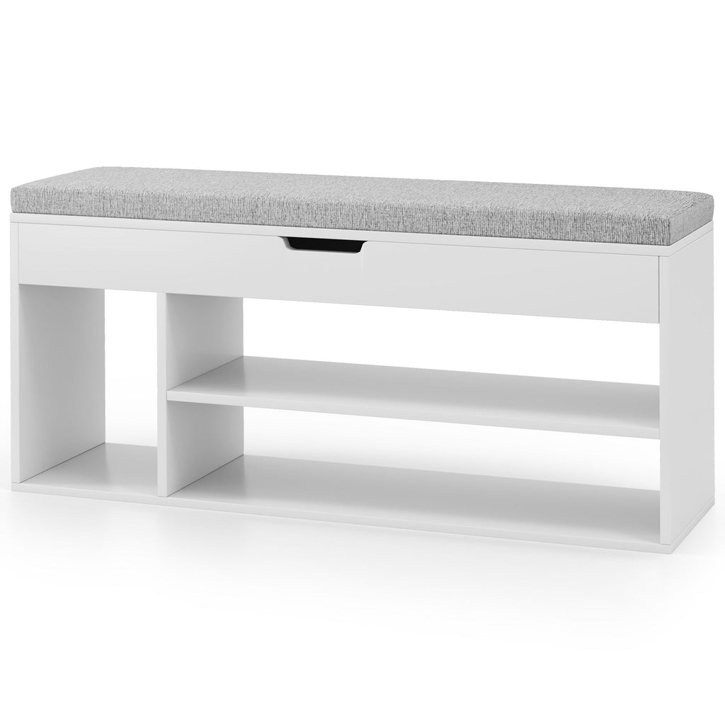 Padded Seat Shoe Bench with Hidden Storage and 3 Open Shelves
